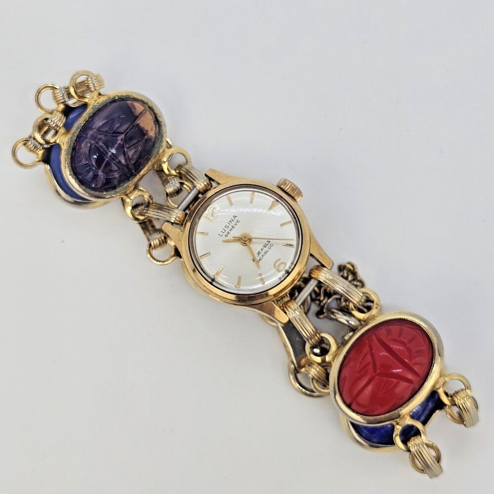 VTG Lusina Geneve 20MM Wind Up Women's Watch 21 Jewels Scarab Band‎ 7" WORKING